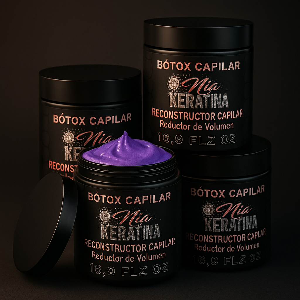 "Bótox Capilar Mía Keratina, crema capilar violeta en envase negro de lujo, ideal para hidratar, nutrir y alisar el cabello reduciendo el frizz."