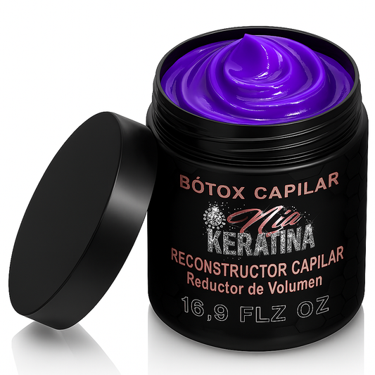 "Tratamiento Bótox Capilar Mía Keratina en frasco negro elegante, reconstructor e hidratante para cabello dañado, con tapa negra y etiqueta rosa metalizada."