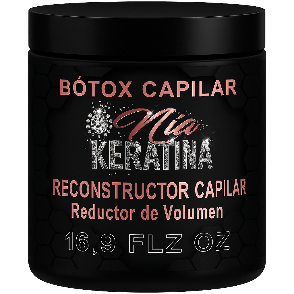 "Bótox Capilar Mía Keratina, tratamiento profesional sin formol para reconstrucción capilar y reducción de volumen, frasco negro 500 ml con crema violeta."