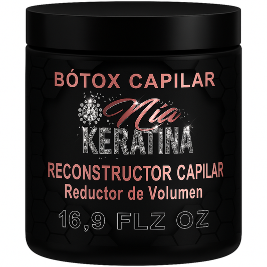 "Bótox Capilar Mía Keratina, tratamiento profesional sin formol para reconstrucción capilar y reducción de volumen, frasco negro 500 ml con crema violeta."
