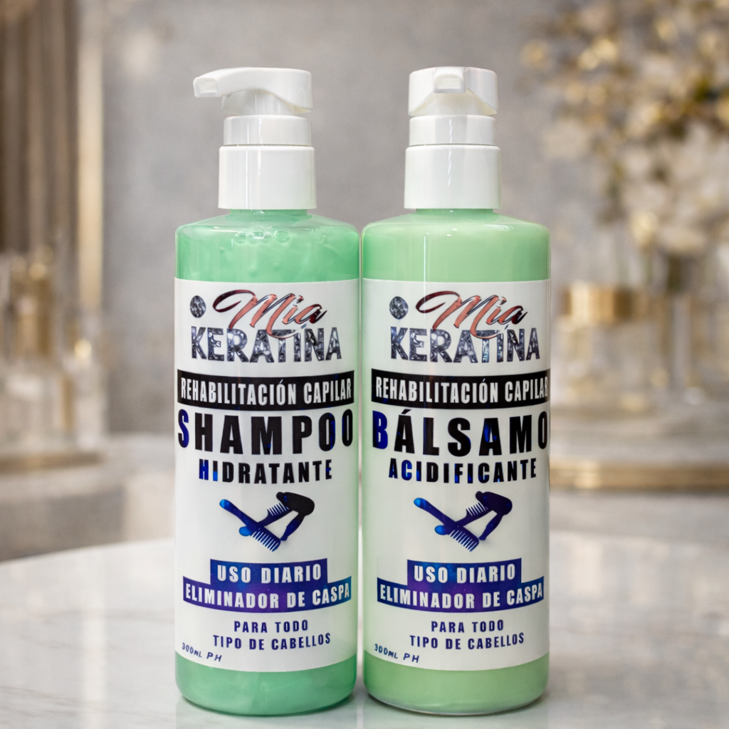 MiaKeratina Anti-Dandruff Hair Rehabilitation Set – purifying shampoo and deep hydration balm for flake-free, healthy scalp.
