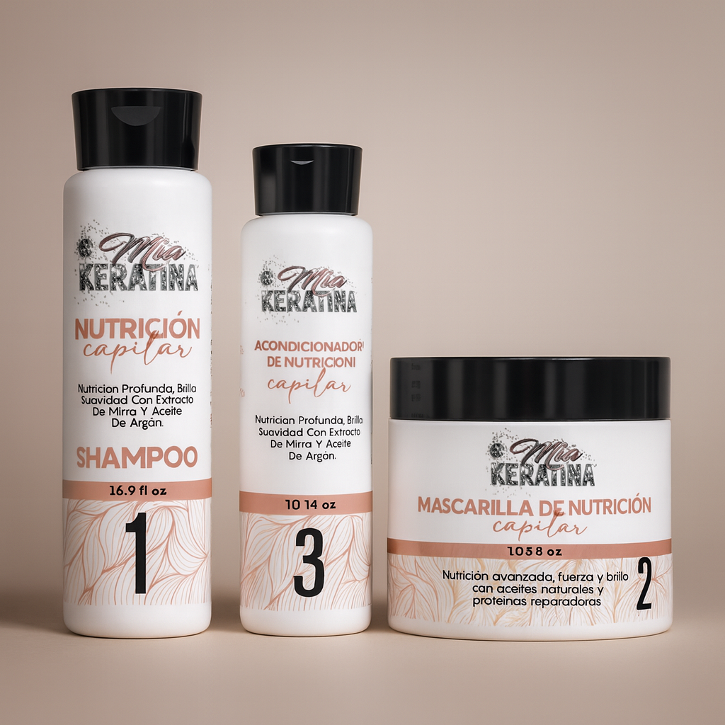 Set Nutrición Capilar Mia Keratina con shampoo, acondicionador y mascarilla para nutrir, reparar y dar brillo al cabello.